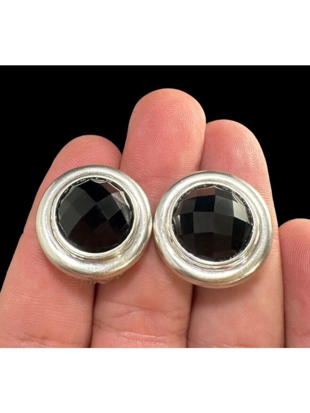 Earrings Sterling Silver Round Faceted Black Onyx Clip On Vintage Round Dome